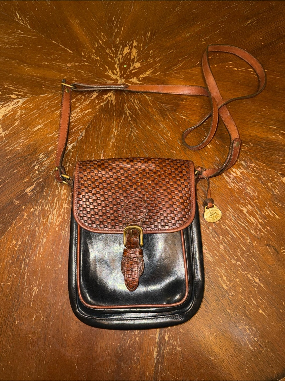 Brahmin Brown and Black Woven Flap Leather Crossbody
